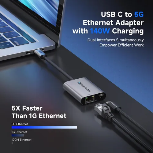 Vista 2 de Cable Matters Adaptador USB C a Ethernet de 5 Gb con carga de 140 W Ethernet de 5000 Mbps a USB C, compatible con USB4, Thunderbolt 5/4, MacBook
