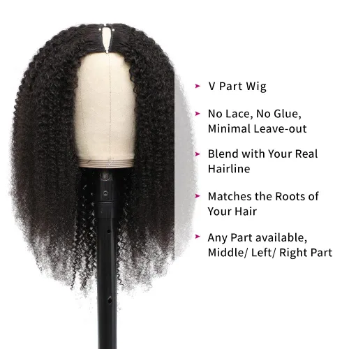 Vista 5 de Peluca de cabello humano rizado rizado con parte en V para mujeres negras, en forma de V, sin dejar fuera, sin pegamento, 14 pulgadas