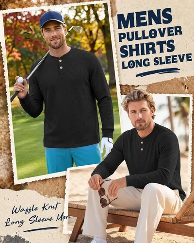Vista 3 de Ficerd Paquete de 5 camisas de manga larga para hombre Waffle Henley Negro