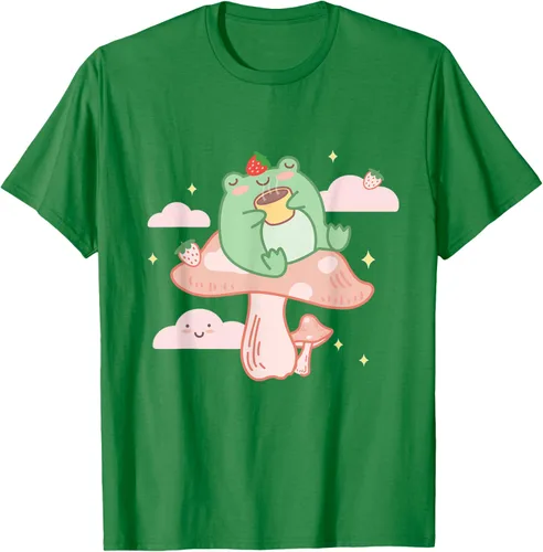 Vista 5 de Kawaii Strawberry Frog On Mushroom - Camiseta de manga corta de anime, Azul / Patchwork, S Azul Pastel