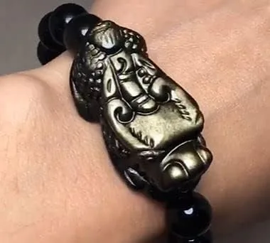 Vista 3 de Pulsera Feng Shui Pixiu Pulsera de dragón de la buena suerte Dije de piedra de energía natural de obsidiana dorada Joyería de pareja Obsidiana
