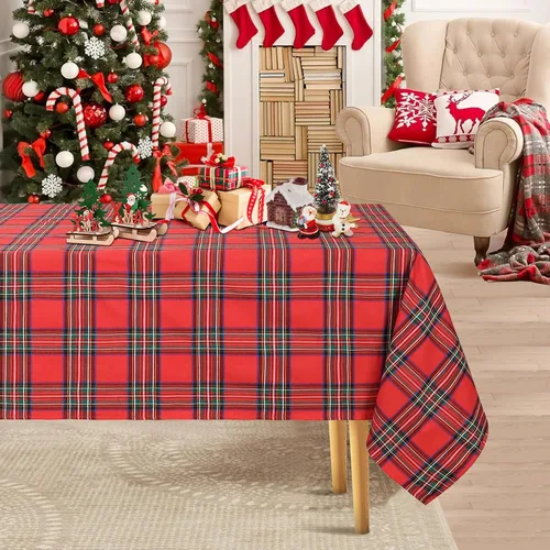 Vista 13 de Camino de mesa a cuadros de Navidad de búfalo, camino de mesa rectangular de cuadros de Navidad para decoración de mesa de cena de fiesta de Navidad