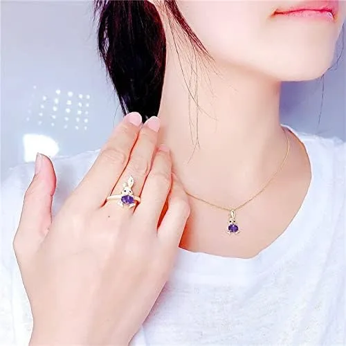 Vista 5 de Conjunto de anillos de collar de conejo de cristal morado con dije de oro amarillo vintage para mujer, conjunto de boda nupcial de lujo