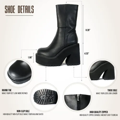 Vista 2 de Goiphrri Botas de tobillo de plataforma para mujer, tacón alto, punta redonda, botas de combate de trabajo, punk, botas de motocicleta, botas