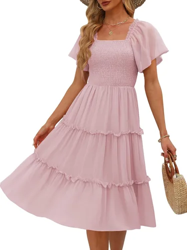 Vista 11 de LILLUSORY Vestido midi fruncido con cuello cuadrado y mangas con vuelo Negro