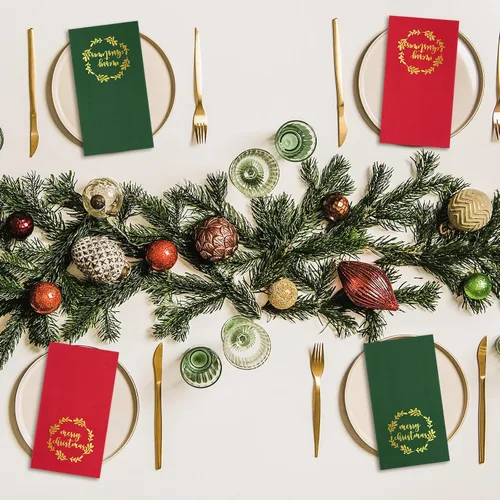 Vista 7 de Whaline Servilletas de Navidad para invitados con corona de papel de aluminio dorado, servilletas desechables de 3 capas, servilletas de baño