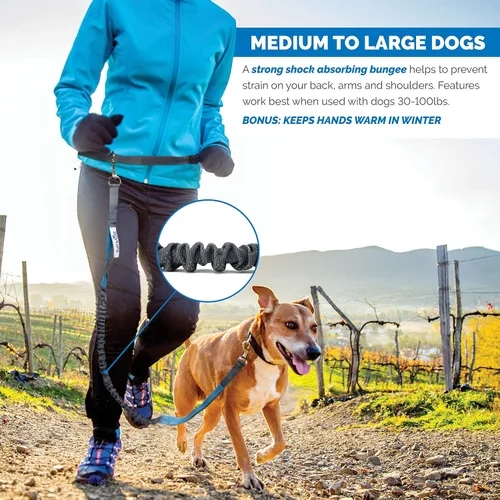Vista 8 de Tuff Mutt Correa de cintura manos libres para perros para caminar, correr y hacer senderismo, clip de mosquetón, cinturón ajustable con doble asa