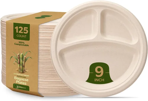 Vista 10 de GUSTO Platos de papel kraft resistentes de 7 pulgadas, 125 unidades, platos de caña de azúcar desechables 100% compostables y biodegradables, marrón