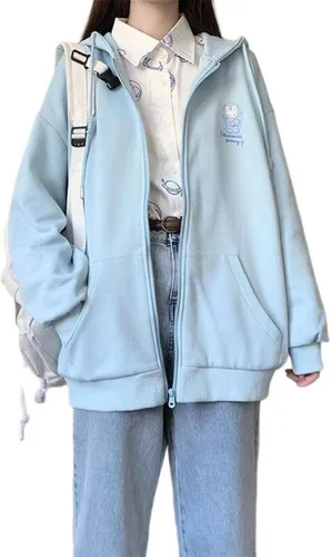 Vista 2 de Sudadera con capucha japonesa Harajuku Y2K Kawaii con cremallera para niñas, Azul
