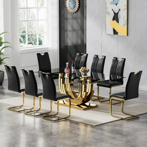 Vista 38 de Juego de mesa de comedor de vidrio de 70 pulgadas para 4, mesa rectangular de cristal dorado con 4 sillas de piel sintética, juego de mesa de Mesa