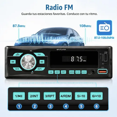 Vista 5 de Radio de coche Bluetooth Single DIN Audio estéreo para automóvil, audio para automóvil con Bluetooth dual y control de aplicaciones, compatible