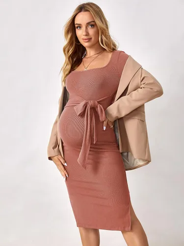 Vista 3 de OYOANGLE Vestido midi ajustado de manga larga con nudo frontal y cuello cuadrado para mujer