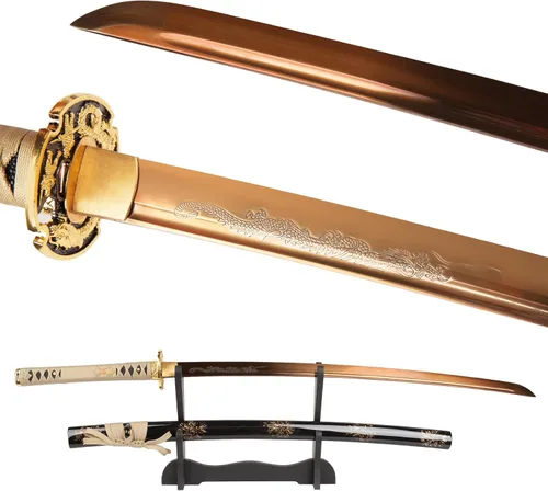 Vista 10 de Espada samurái real forjada a mano con acero T10 templado con arcilla, espada Katana de espiga completa afilada, 41 pulgadas Full Tang Katana