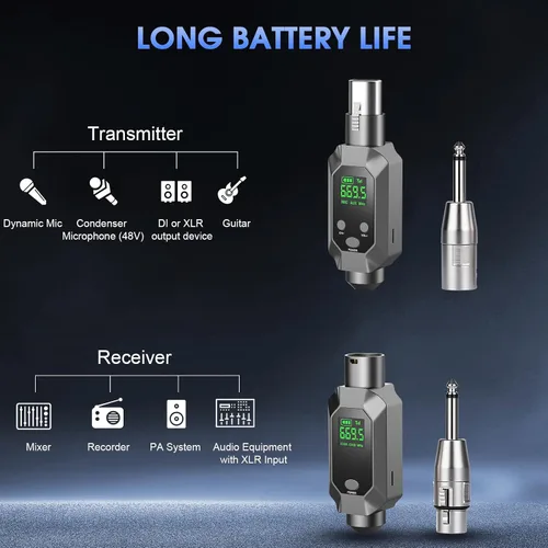 Vista 6 de Sistema de micrófono inalámbrico XLR transmisor y receptor inalámbrico para 262 pies de rango de 8 horas de batería UHF transmisor inalámbrico