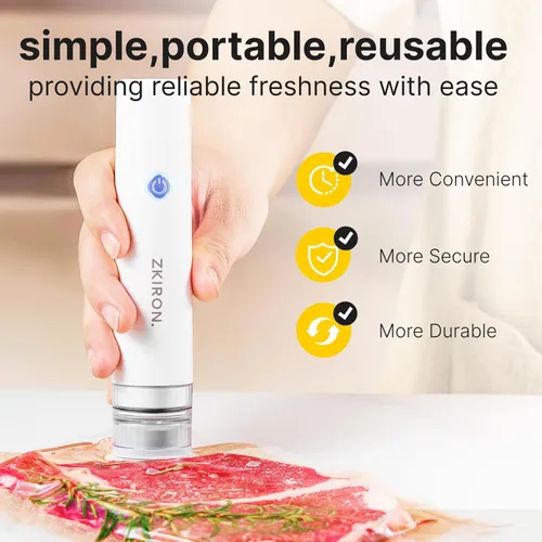 Vista 4 de ZKIRON OneTouch Selladora al Vacío Portátil con 25 Bolsas de Vacío Reutilizables – Selladora de Alimentos Portátil y Compacta con Succión