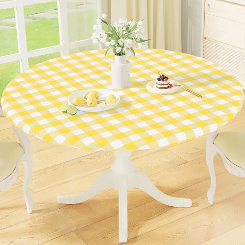 Vista 17 de misaya Mantel redondo ajustable con borde elástico, mantel de vinilo impermeable a cuadros de búfalo con parte trasera de franela para mesas