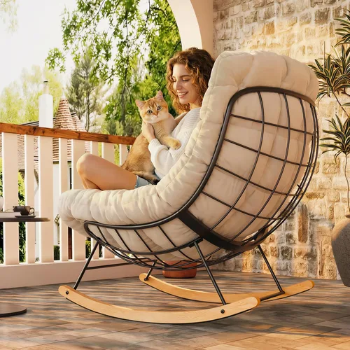 Vista 9 de FLEXISPOT Mecedora de gran tamaño para exteriores con asiento acolchado grueso, color beige