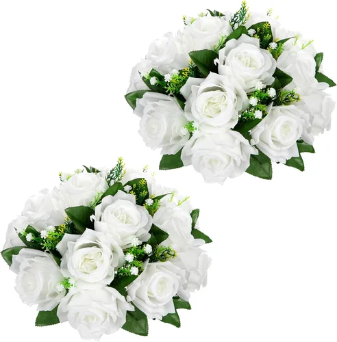 Vista 7 de Briful Bolas de flores artificiales para centros de mesa, 2 piezas de 8.6 pulgadas, arreglo floral de rosas de seda con base de plástico, ramo Azul