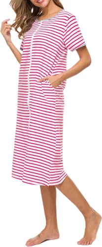 Vista 3 de Camisones de manga corta con cremallera frontal para mujer, batas de algodón de longitud completa, abrigo suelto con bolsillos, S-XXL
