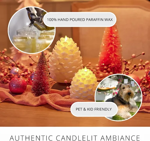 Vista 4 de Luminara Pinecone - Vela sin llama con purpurina de cisne blanco y acabado de nieve, figura de piña, velas LED de cera real sin aroma, funciona