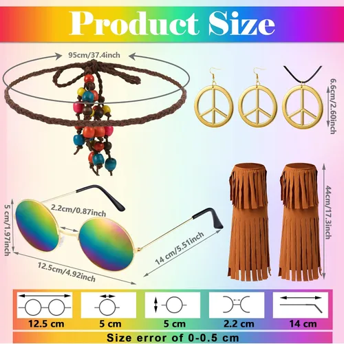 Vista 2 de 6 piezas de trajes de los años 60 y 70 para mujer, accesorios de disfraz hippie, chaleco con flecos, gafas de sol, collares, aretes, diadema