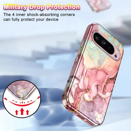 Vista 5 de Btscase Funda para Google Pixel 9 Pro XL 2024 [grado militar a prueba de golpes] elegante patrón de mármol delgado protector de 3 capas de Oro rosa