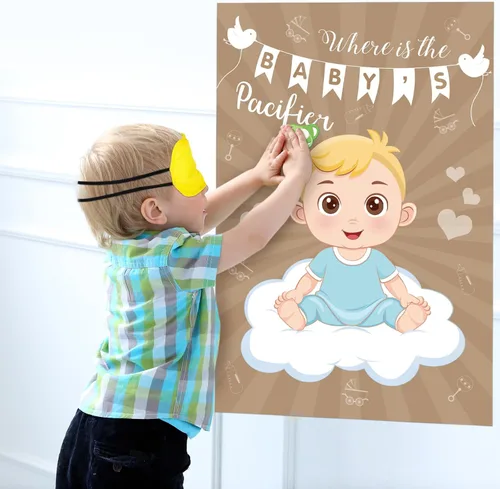 Vista 6 de Hxezoc Pin de juego para baby shower, con 72 calcomanías para chupete, póster grande de juegos de fiesta de bebé para niños, baby shower