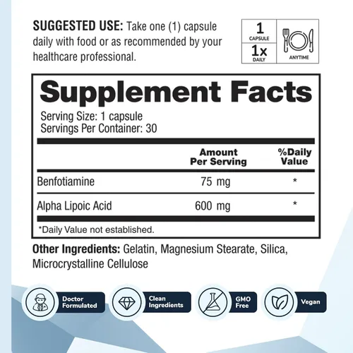 Vista 3 de Nervala - Ácido alfa lipoico 600 mg - Suplemento antioxidante ALA para nervios, energía y circulación - Extra fuerte con benfotiamina - Fabricado