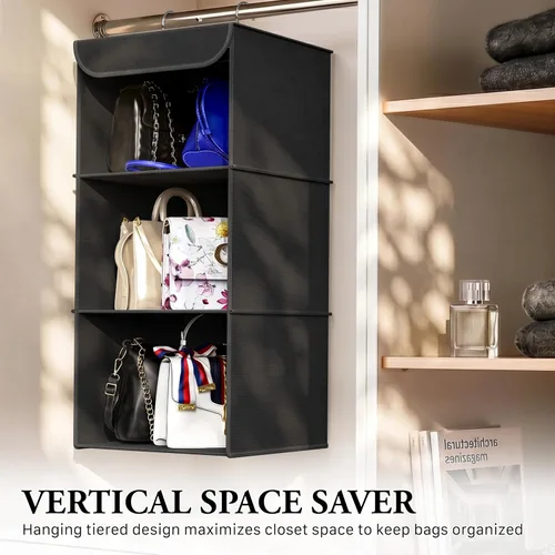 Vista 7 de Simple Houseware Organizador de armario colgante de 3 estantes, estantes de almacenamiento de tela con capacidad de 57 litros, color negro