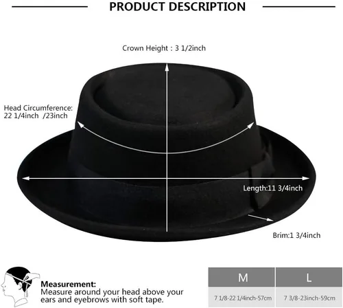 Vista 6 de Pork Pie Hat for MenWomen Wool Felt Boater Porkpie Flat Top Derby Fedora