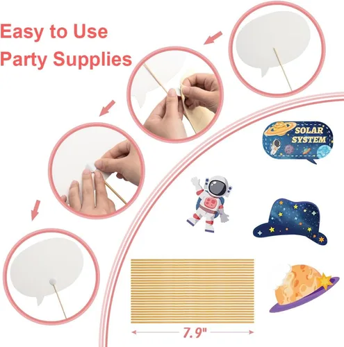 Vista 3 de 25 piezas de suministros para fiestas espaciales, accesorios para cabina de fotos de astronautas y planetas con palo, divertidos accesorios