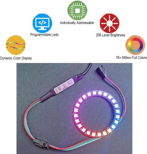 Vista 3 de Anillo LED RGB WS2812 de 24 bits con cable SM2.54-3P, WS2812B 5050 LED direccionable Pixel a todo color con controladores integrados DC5V