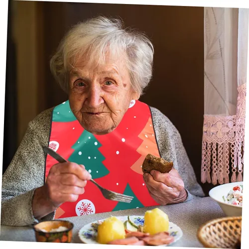 Vista 7 de Healifty 2 baberos de Navidad para adultos mayores protectores de alimentación ajustables diseño festivo árbol de Navidad de Papá Noel para uso a