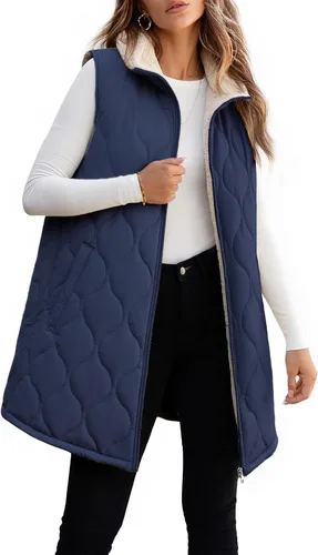 Vista 22 de ECOWISH Chaleco largo acolchado para mujer: chaqueta de forro polar reversible con cremallera para otoño 2025, abrigo de invierno cálido sin mangas