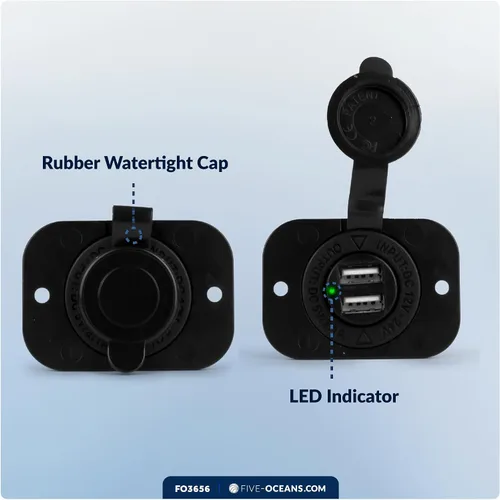 Vista 4 de Five Oceans Enchufe de alimentación USB de doble puerto impermeable marino, 12 voltios - 24 voltios, plástico ABS estabilizado UV, fácil
