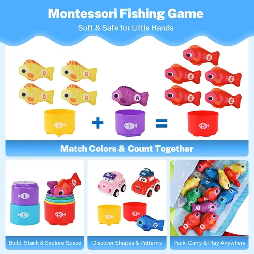 Vista 3 de Goldge Juguetes Montessori 2 en 1 para niños de 1 año - Juego de pesca para niños pequeños con tazas apilables y autos abatibles, juguete