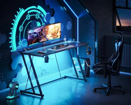 Vista 2 de MOTPK Escritorio para juegos de 55 pulgadas con luces LED y toma de corriente, escritorio de computadora para espacios pequeños, mesa