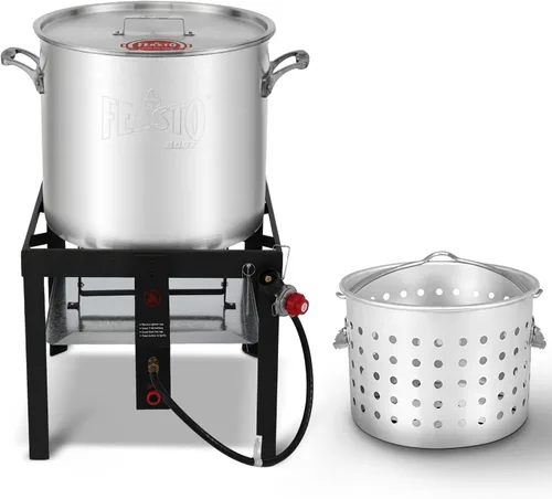 Vista 10 de Feasto Olla para hervir mariscos de 60 cuartos de galón con cesta y quemador, kit de olla y quemador de mariscos de aluminio con salida de 100,000