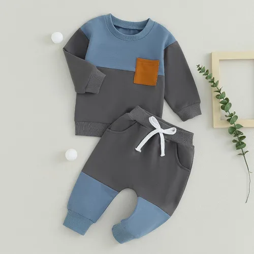 Vista 7 de Ayalinggo Conjunto de sudadera con cuello redondo y bloques de color para bebé y niño pequeño