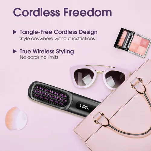 Vista 6 de Cepillo alisador de cabello - Cepillo alisador de pelo inalámbrico mejorado para viajes, peine alisador en caliente portátil para mujeres
