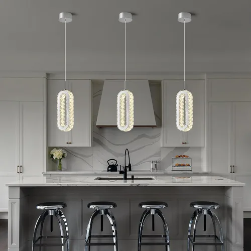Vista 3 de Iluminación colgante para isla de cocina LED moderna cromada, mini candelabros ovalados de cristal para dormitorio, sala de estar, baño, comedor