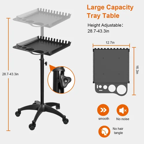 Vista 14 de Bandeja rodante de salón con 2 cuencos magnéticos, carrito de herramientas profesional, bandeja de extensión de cabello para peluqueros, bandeja