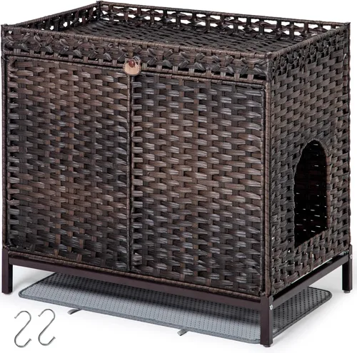 Vista 11 de SETVSON Caja de Arena para Gatos para 2 Gatos, Mueble Oculto de Caja de Arena con Alfombra, Casa Grande de Ratán para Gatos con Habitación Doble