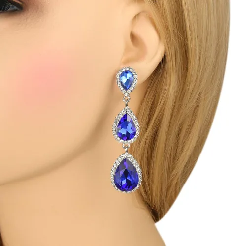 Vista 29 de EleQueen Pendientes de cristal austriaco en tono dorado para mujer, forma de pera de 2.5 pulgadas, color esmeralda