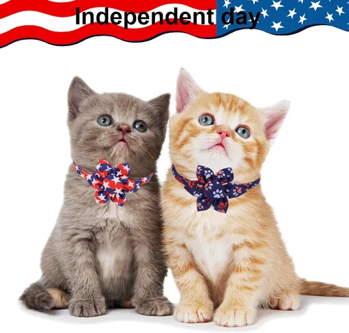 Vista 3 de ADOGGYGO Collares de gato con bandera americana con campana de flor removible, ajustables, patrón de bandera del 4 de julio en rojo y azul, collares