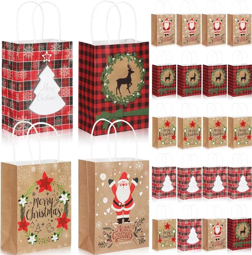 Vista 8 de Resholder 48 Piezas Bolsas de Papel Kraft de Regalo de Navidad a Granel con Asas Bolsas de Dulces Navideñas Reutilizables para Regalos Suministros