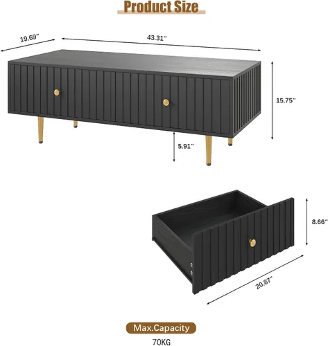 Vista 2 de HedoAjim Mesa de centro moderna con almacenamiento con 2 cajones grandes, mesa auxiliar rectangular negra para sala de estar, mesa de té acanalada