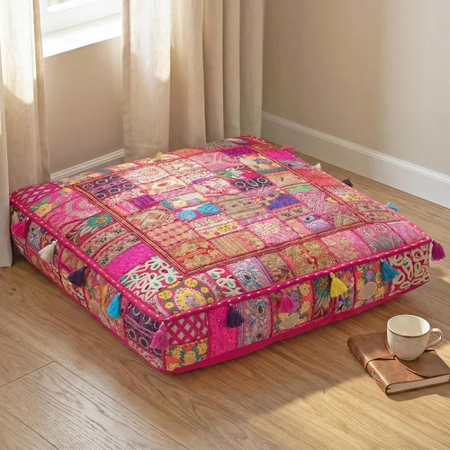 Vista 15 de THE ART BOX Almohadas y fundas de cojín bordadas vintage de retazos de algodón, puf para perro, puf de meditación, ropa de cama para mascotas, cama