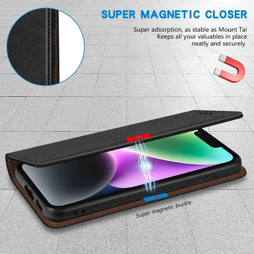 Vista 3 de ZZXX Funda tipo cartera para iPhone 14 con bloqueo RFID, soporte de ranura para tarjetas, funda protectora de cuero magnético fuerte plegable