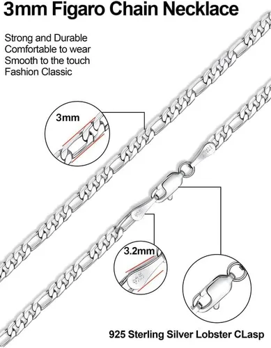 Vista 6 de 925 Sterling Silver FigaroCuban Chain Necklace for Men Diamond Cut Silver Link Chain for Women 16-30 Inches